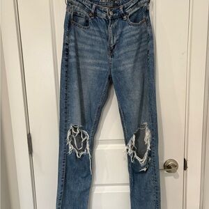 American Eagle Outfitters Blue Straight Leg Jeans with Distressed Knees